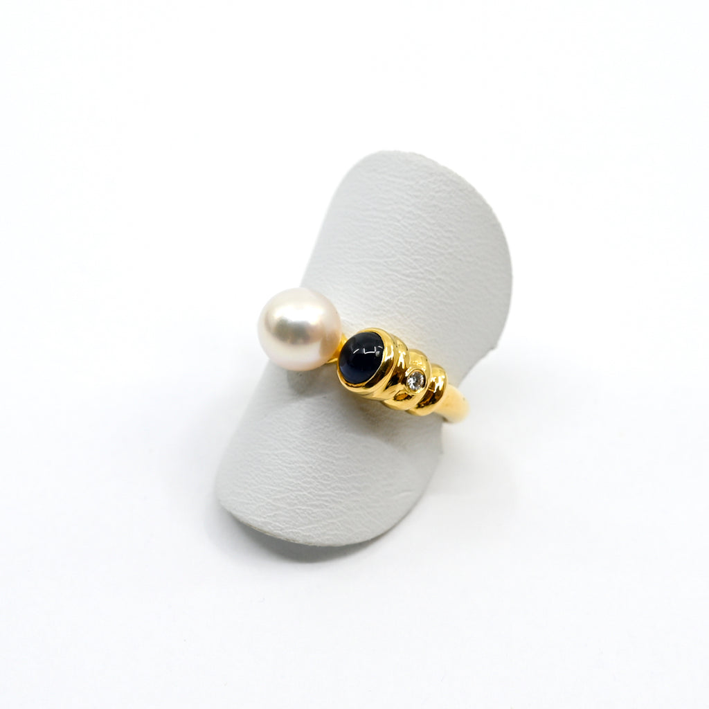 Ring Gelbgold 750 mit Perle, Brillant und Safir